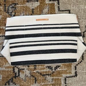 Loeffler Randall gray and cream stripe clutch
